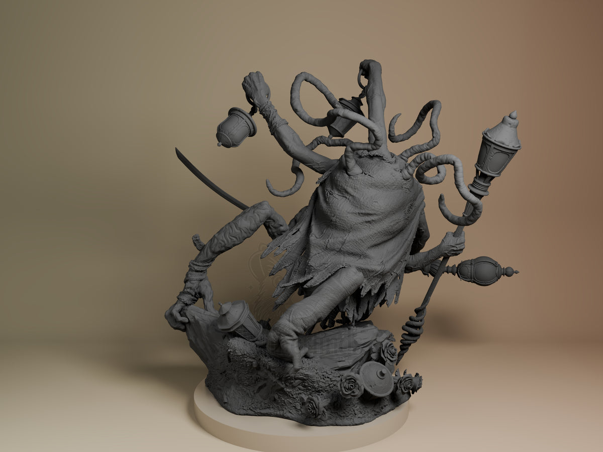 Back view of the unpainted Lamp Master from Expedition 33 resin figure, with tentacles, lamps, and sculpted floral base.