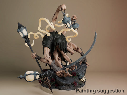Painted three-quarter view shows Lamp Master from Expedition 33, a resin figure with lanterns, sword, and rocky base.
