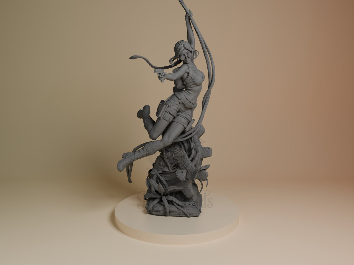 A front view shows Lara Croft from Tomb Raider as an unpainted resin figure with bow and sculpted base.