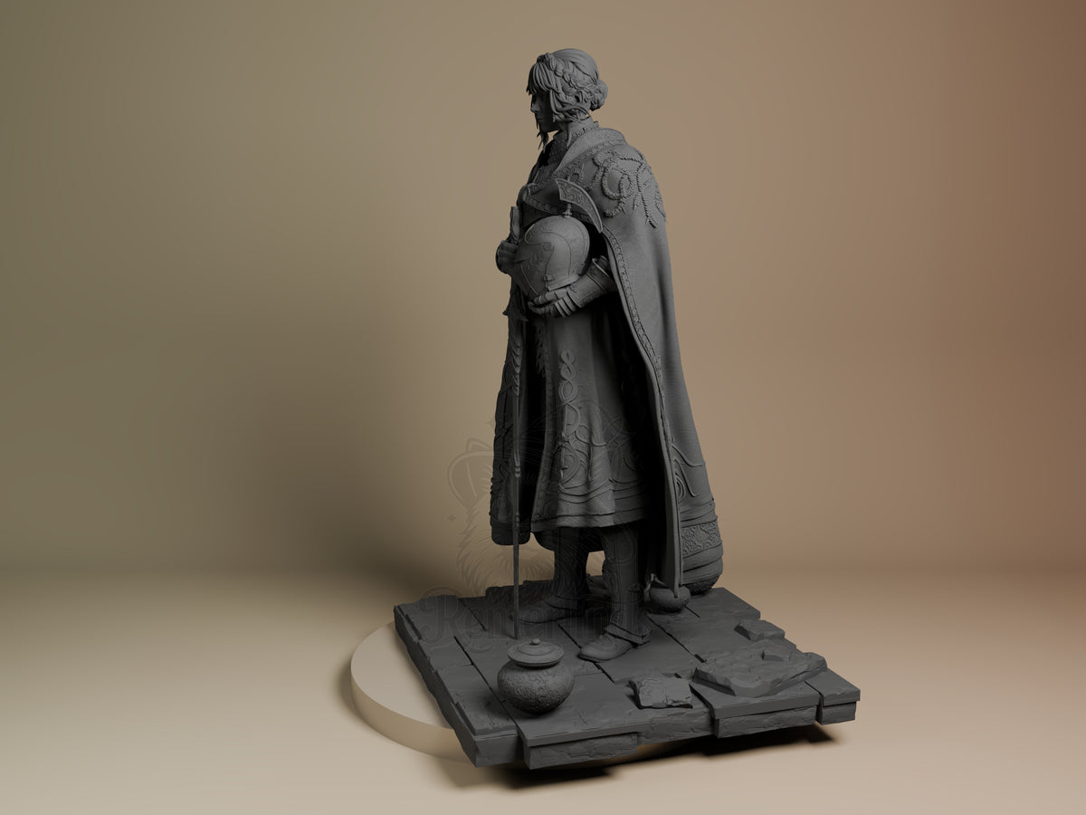 Leda from Elden Ring 3D printed resin figure shown in profile, holding a staff on a textured base against neutral background.