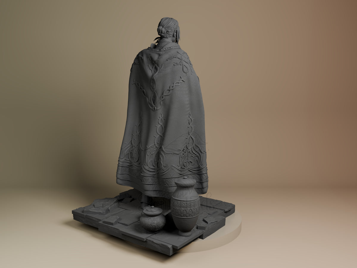 Leda from Elden Ring 3D printed resin figure viewed from behind, showing ornate cloak with detailed embroidery and base with accessories.