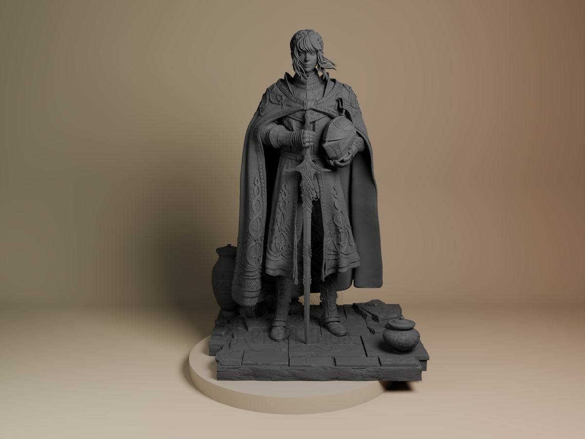 Leda resin figure from Elden Ring shown from front, unpainted gray, holding sword and shield with cape, on textured base.