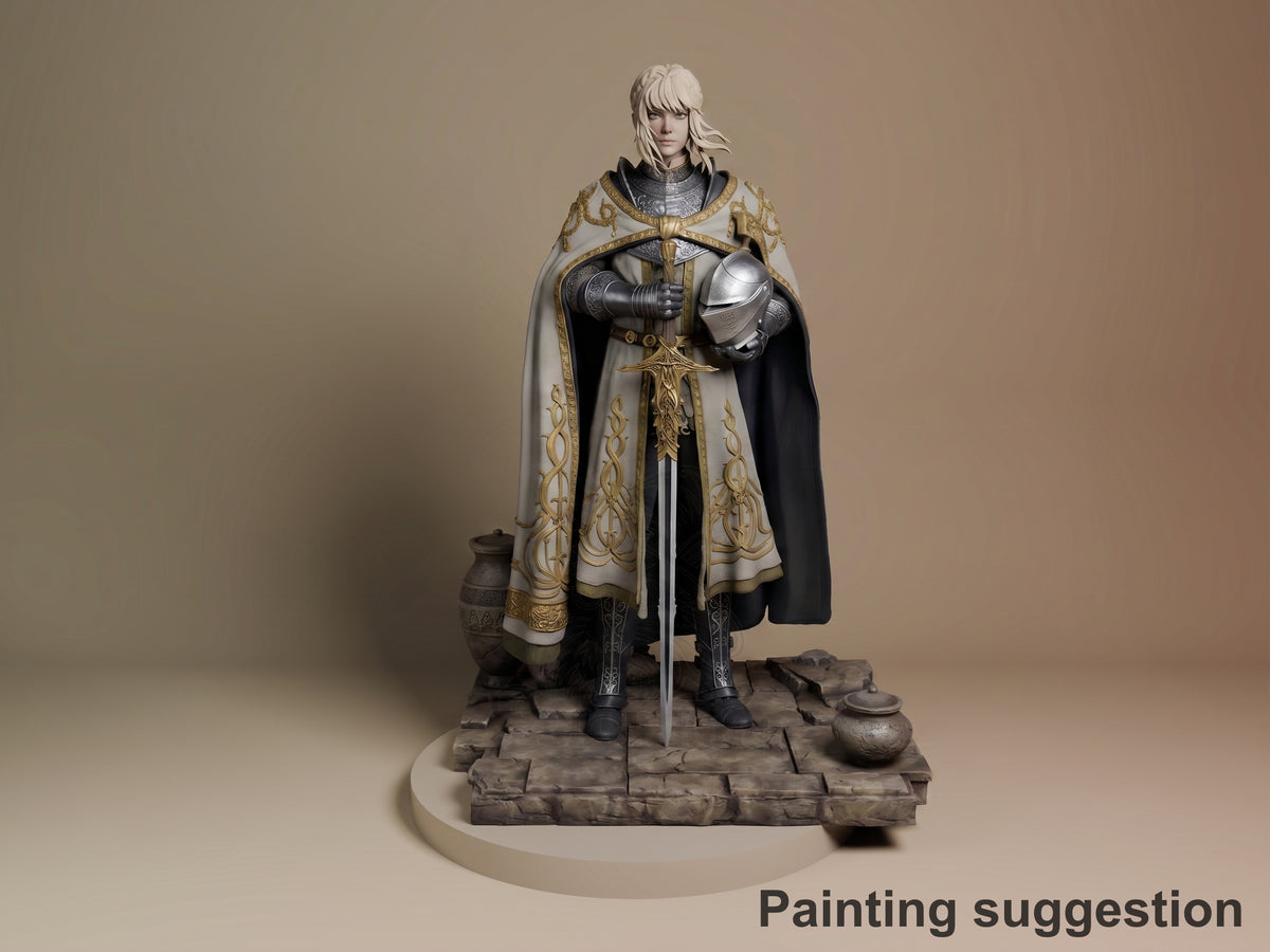 Leda from Elden Ring resin figure, fully painted and posed standing with sword and helmet, ornate gold-trimmed cape, stone base with accessories.