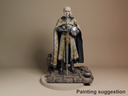 Leda from Elden Ring resin figure, fully painted and posed standing with sword and helmet, ornate gold-trimmed cape, stone base with accessories.