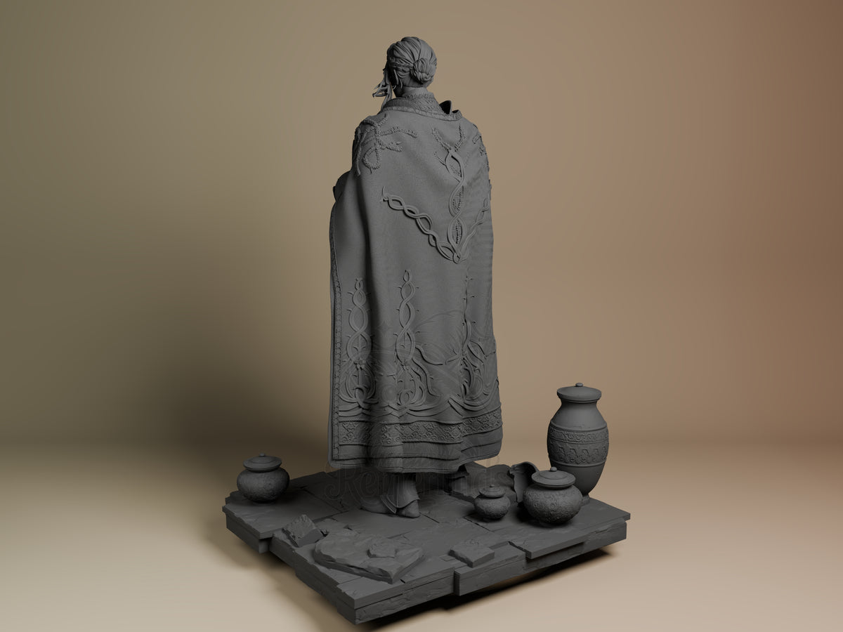 Leda resin figure from Elden Ring shown from behind, displaying ornate cloak details, unpainted gray finish, with ceramic vessels on textured base.