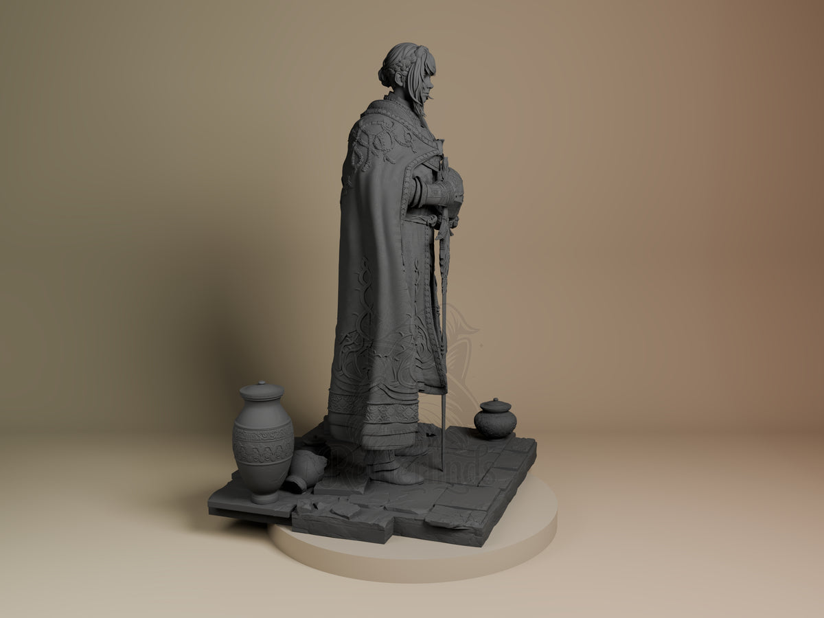 Leda from Elden Ring resin figure shown from the right side, standing in detailed robes with sword, unpainted gray with decorative base and vessels.