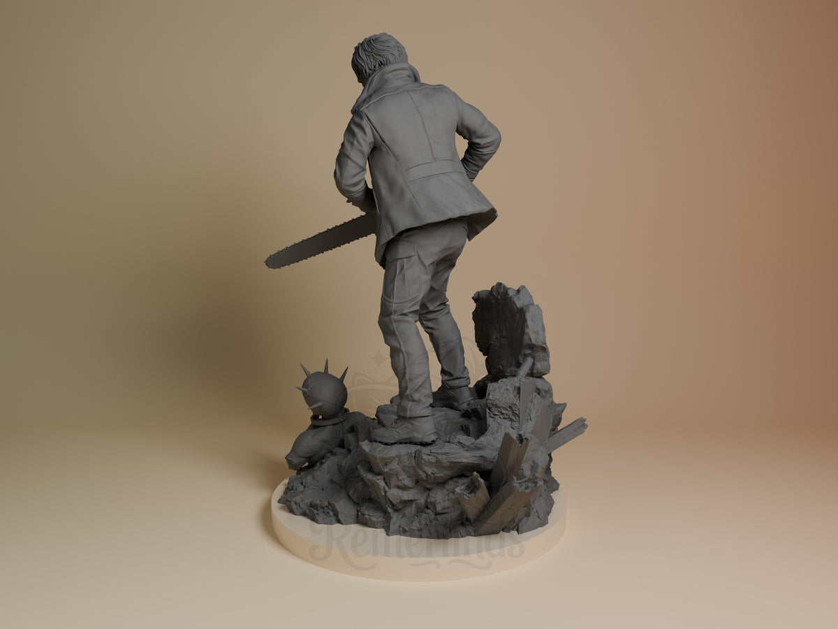 Rear three-quarter view of Leon from Resident Evil, an unpainted resin figure on a rocky base.