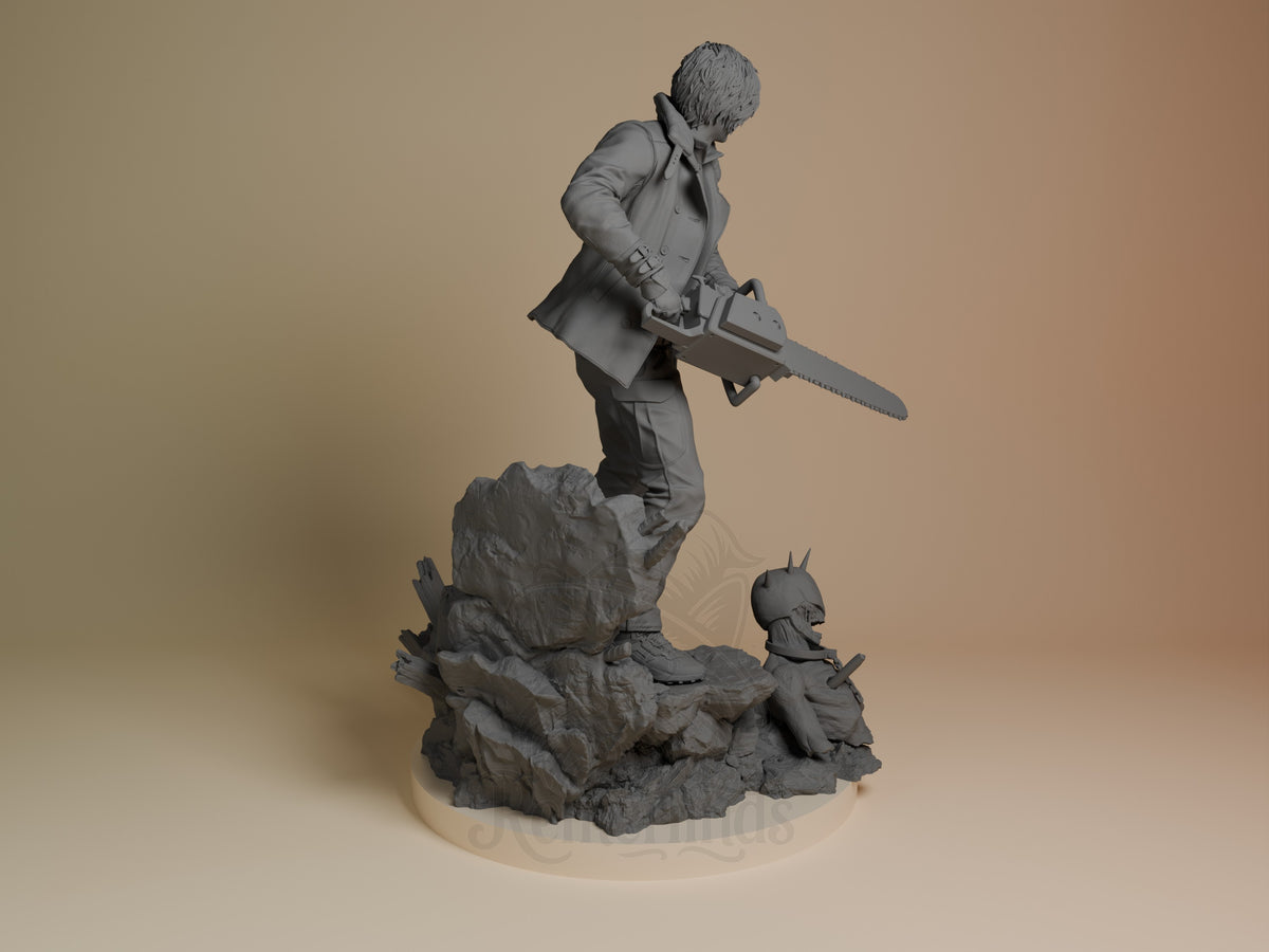 Back view shows Leon from Resident Evil, an unpainted resin figure with chainsaw and rocky base.
