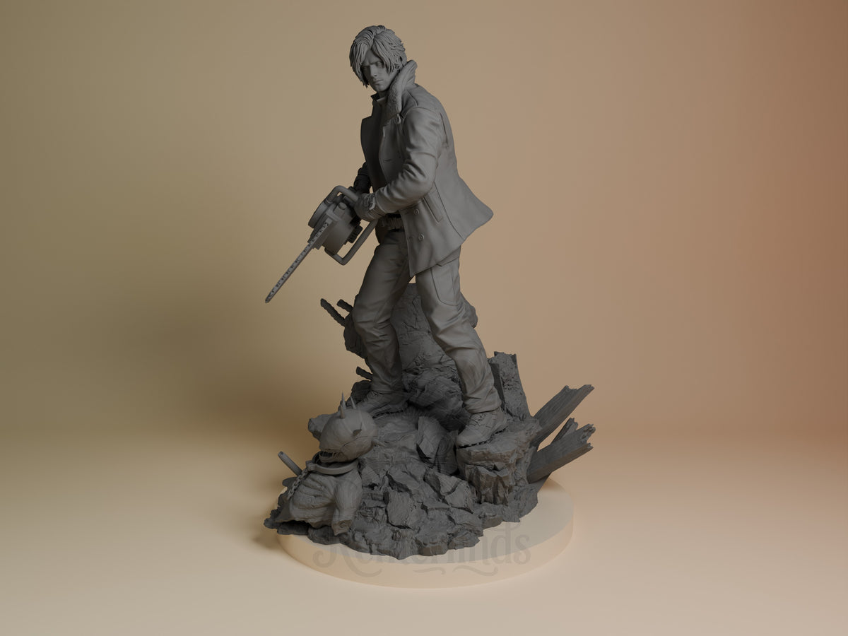 Front: Leon from Resident Evil is an unpainted resin figure with chainsaw on a sculpted base.