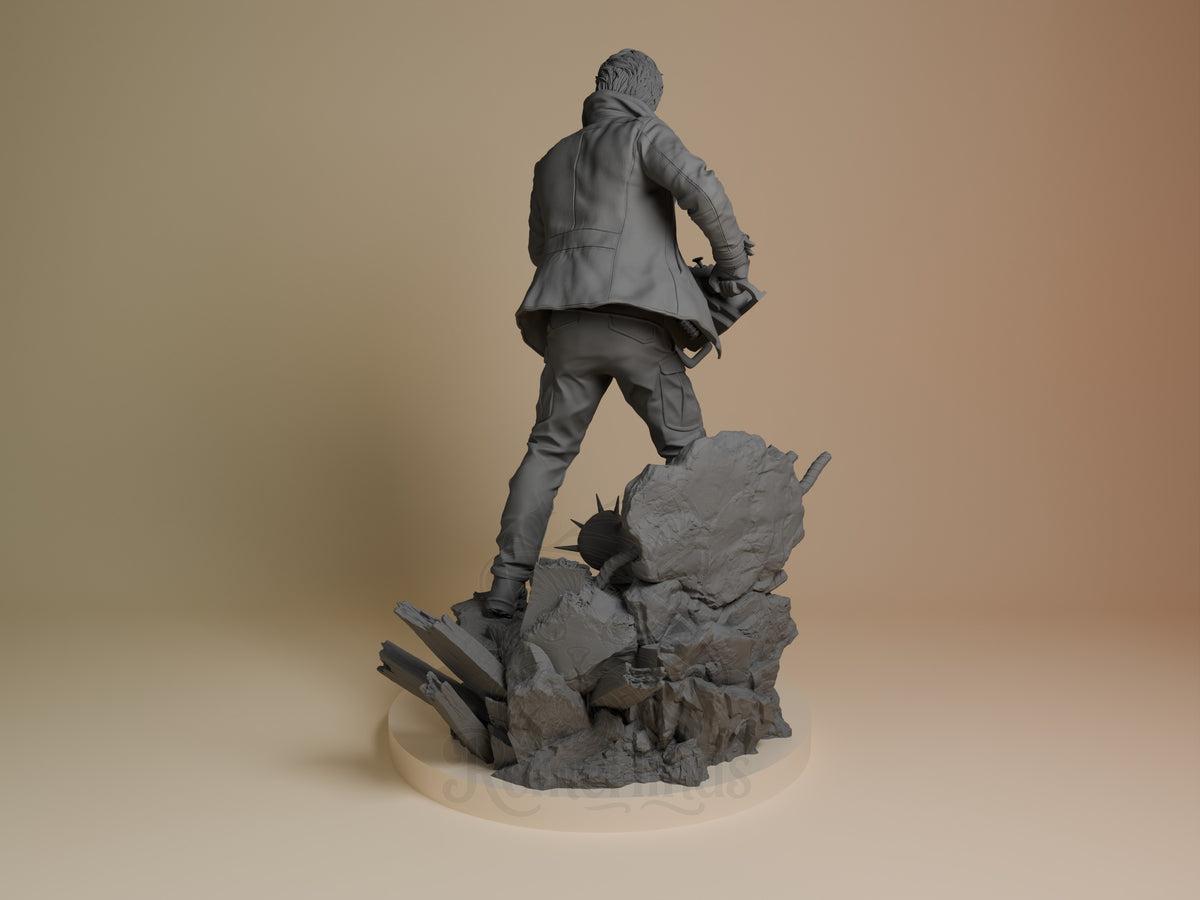 Leon from Resident Evil resin figure shown from behind, standing on an unpainted rocky base.