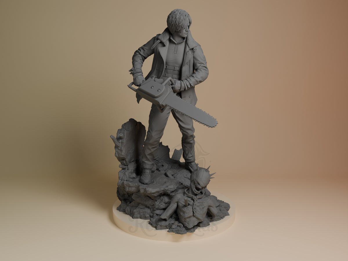 Leon from Resident Evil stands three-quarter with a chainsaw on an unpainted resin figure base.