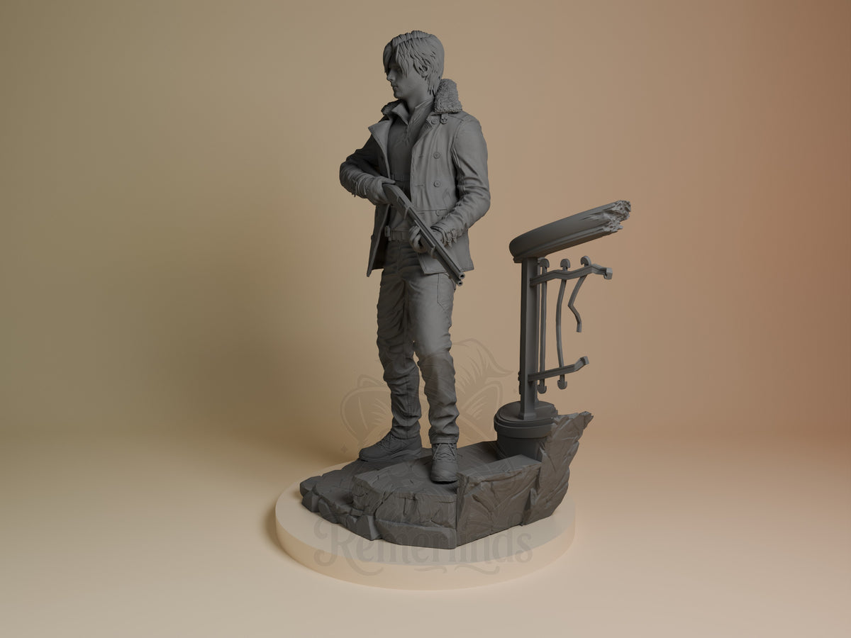 Angled unpainted Leon Scott Kennedy from Resident Evil resin figure holds a shotgun on a sculpted rubble base.