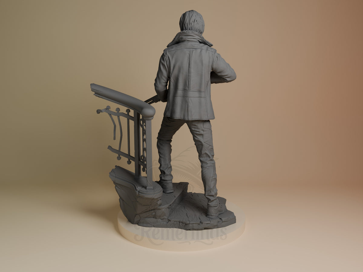 Back view shows Leon Scott Kennedy from Resident Evil, an unpainted resin figure with bent arm and sculpted railing base.