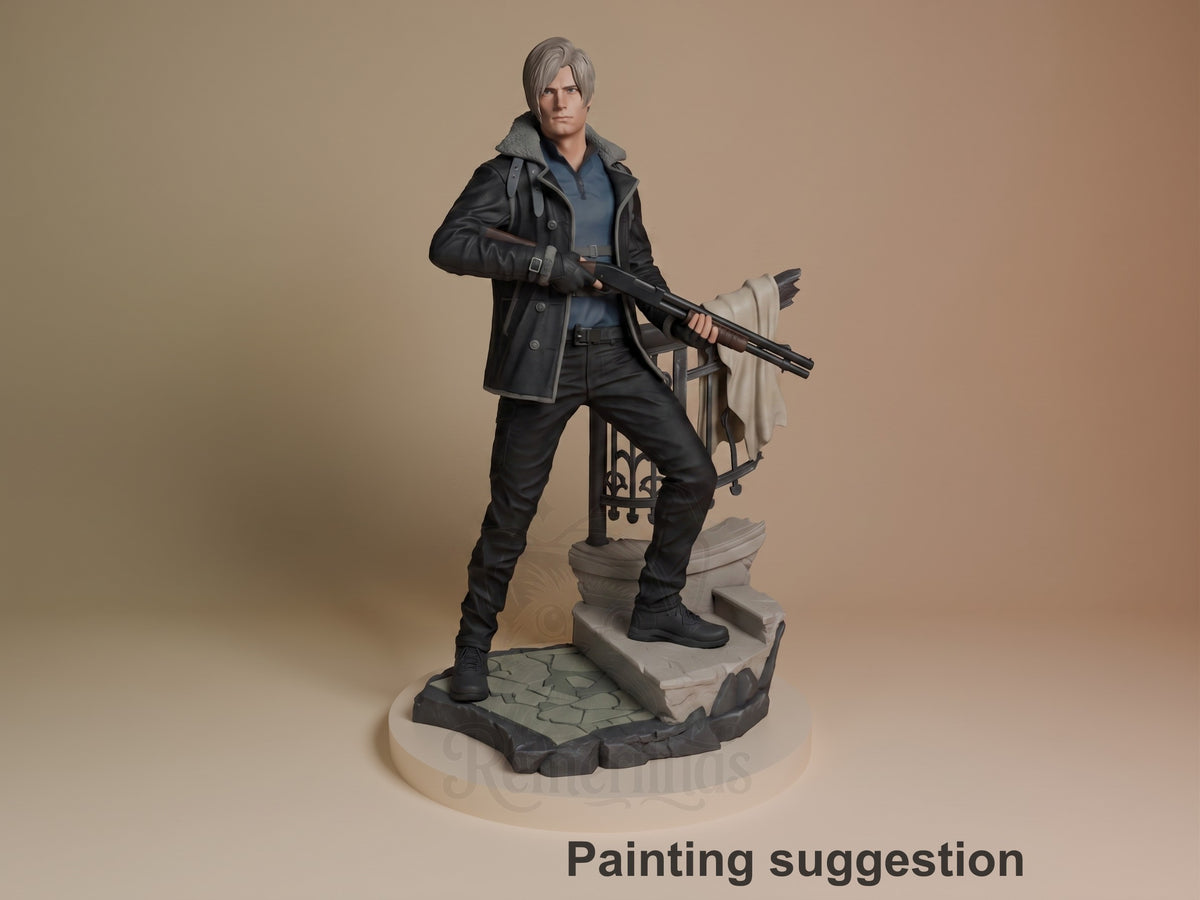 Painted Leon Scott Kennedy from Resident Evil resin figure in a three-quarter pose holds a shotgun over a sculpted base.