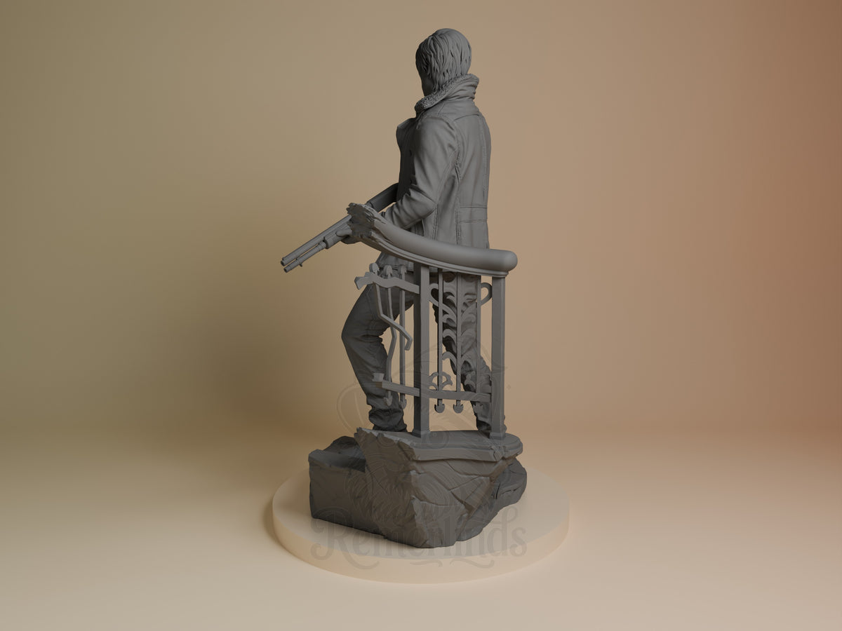 Leon Scott Kennedy from Resident Evil, unpainted resin figure holding a shotgun on an ornate base.
