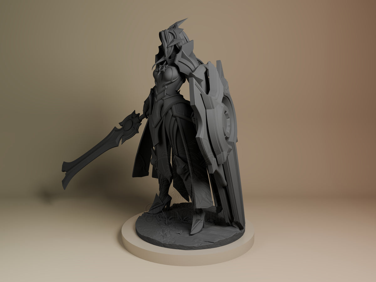 Leona from League of Legends is an unpainted resin figure shown angled with sword, shield, and sculpted base.