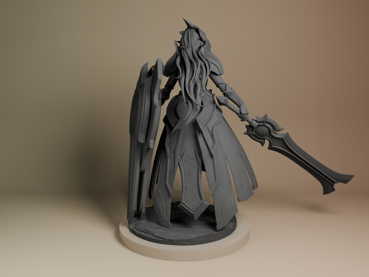 Leona from League of Legends is shown from behind as an unpainted resin figure with shield, sword, and sculpted base.