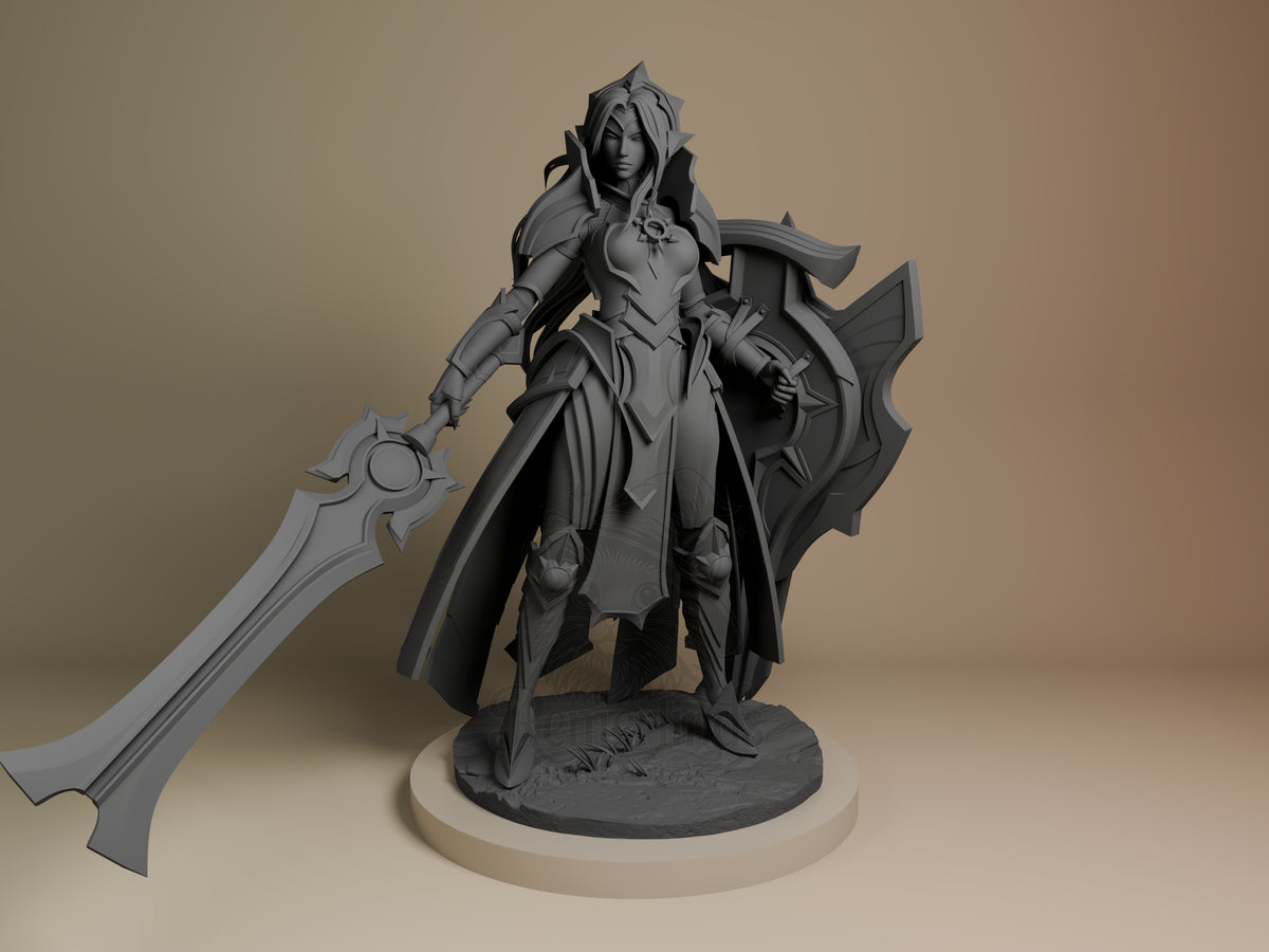 Front view of Leona from League of Legends, an unpainted resin figure with sword, shield, and rocky base.