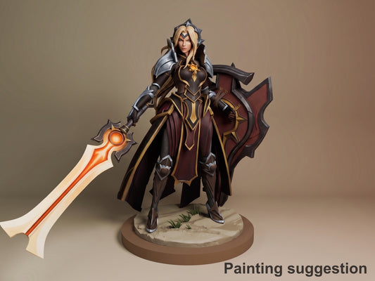 Leona resin figure standing in wide pose holding glowing axe, painted gold and maroon armor with metallic details on tan base.