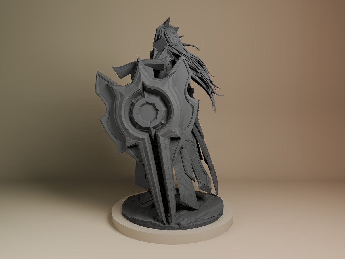 Leona from League of Legends is shown from behind as an unpainted resin figure with shield on a sculpted base.