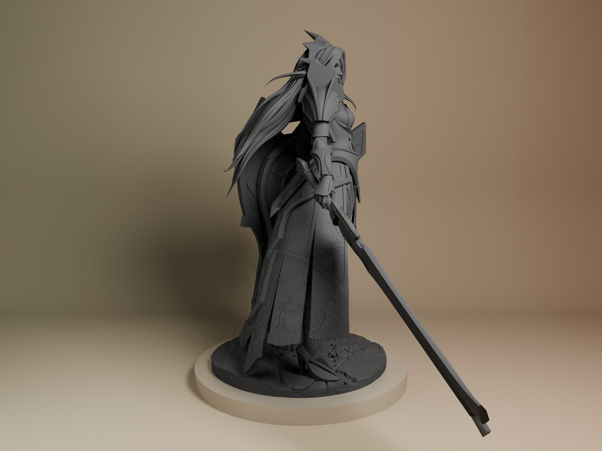 Leona from League of Legends is an unpainted resin figure, shown right-facing with sword, shield, and a sculpted base.