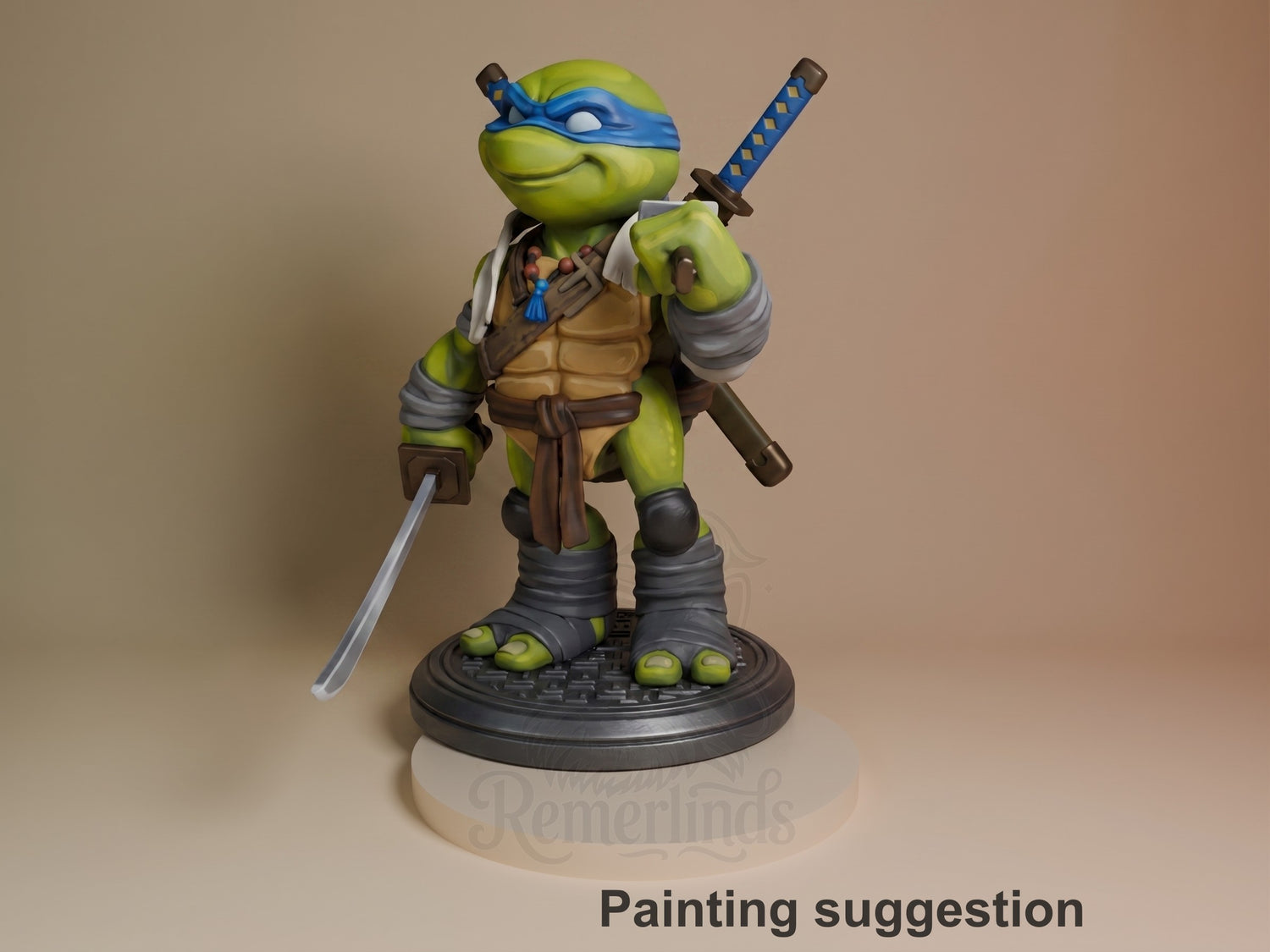 Blue Blade Ninja resin figure in dynamic pose holding katana and staff, painted with green skin, blue mask, and tan armor on black base.