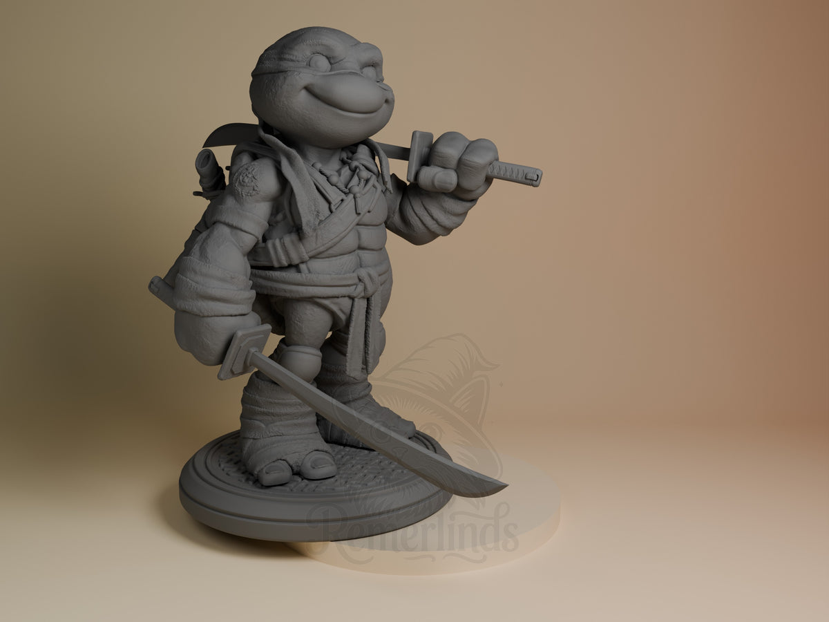Blue Blade Ninja from Shellguard unpainted resin figure in dynamic pose holding katana and nunchaku, displayed on circular base against neutral background.