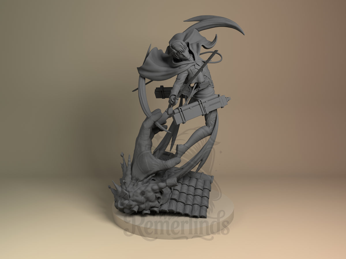 Elite Soldier Titan Onslaught 3D printed resin figure by Nomnom, unpainted front view. This 3D printed resin figurine depicts an elite soldier from Attack on Titan in an intense mid-air combat pose. The character wields two swords and is equipped with maneuver gear, with a flowing cape and detailed uniform emphasizing movement. The base recreates a rooftop and a gigantic Titan hand reaching upwards, enhancing the dynamic storytelling composition.