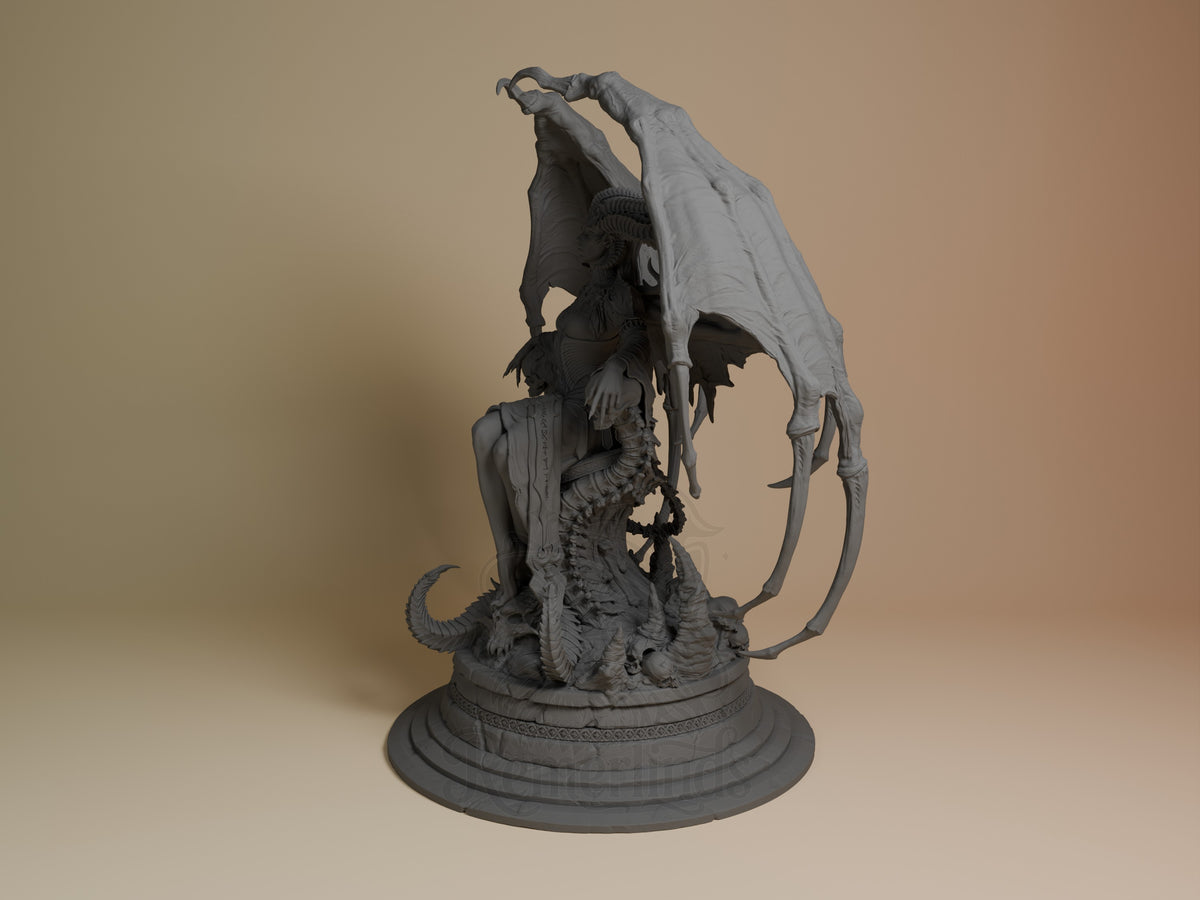 Lilith resin figure from Diablo IV shown at angle, unpainted gray, with winged demon form on circular base, arms raised dramatically upward.