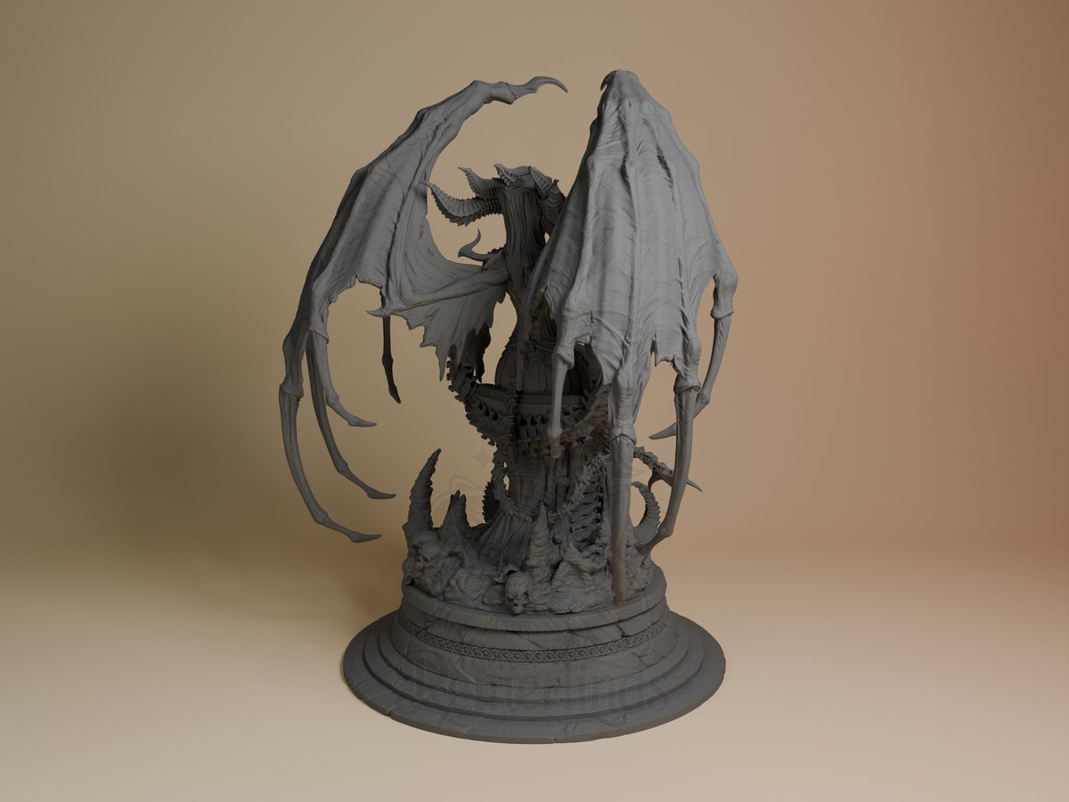 Lilith resin figure from Diablo IV shown from behind, displaying unfilled wings spread wide, horned head, textured base, unpainted gray resin by Bulkamancer.