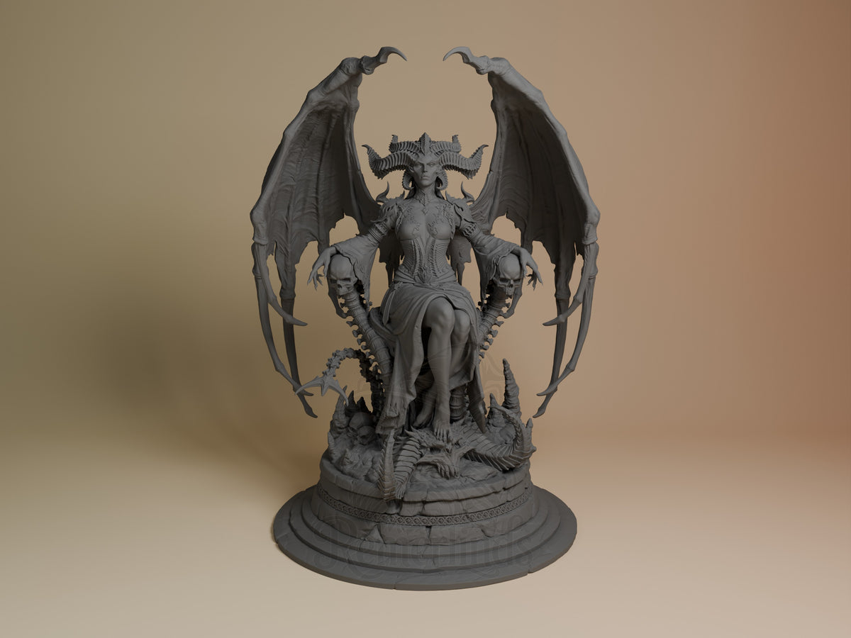 Lilith 3D resin figure from Diablo IV shown front-facing on circular base, unpainted gray, wings spread with horned head and detailed armor visible.