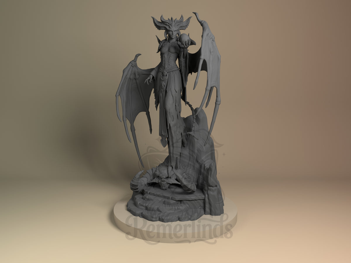 Front-facing unpainted Lilith from Diablo IV resin figure with horns, wings, and sculpted base.