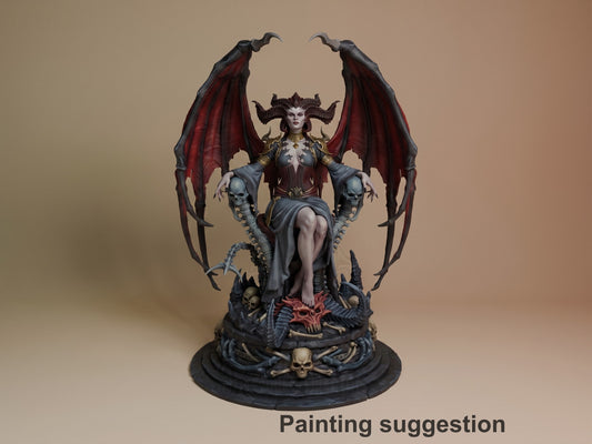 Painted resin figure of Lilith from Diablo IV, seated on ornate demonic base with spread wings, horns, and skull details, shown from front.