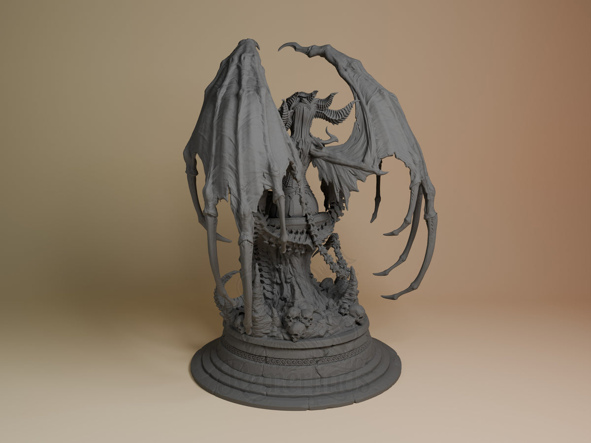 Lilith resin figure from Diablo IV shown from left angle with wings spread, detailed sculpting on flowing robes, unpainted gray finish on circular base.