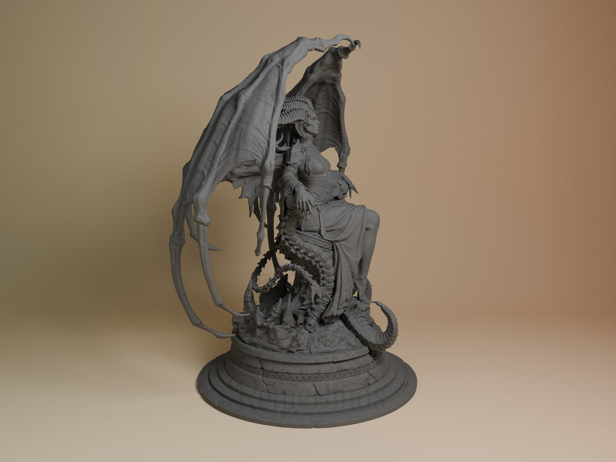 Lilith resin figure from Diablo IV, right-side view showing winged demon perched on rocky base with detailed sculpting, unpainted gray finish.