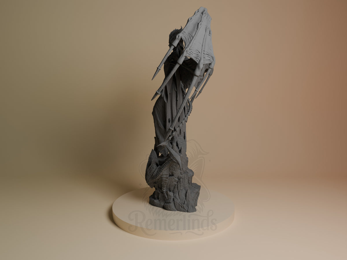 Lilith from Diablo appears angled as an unpainted resin figure with claws on a rocky base.