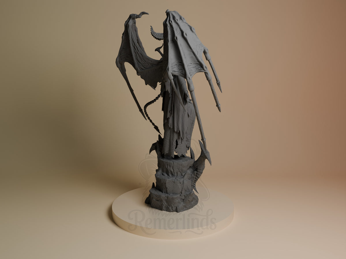 Back view of Lilith from Diablo, an unpainted resin figure with wings, limbs, and rocky base.