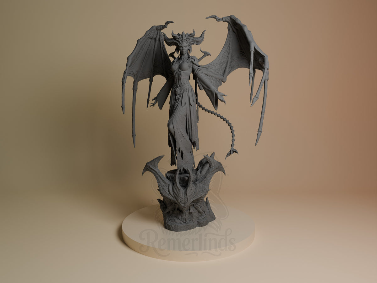 Lilith from Diablo, front-facing unpainted resin figure with wings on a sculpted base.