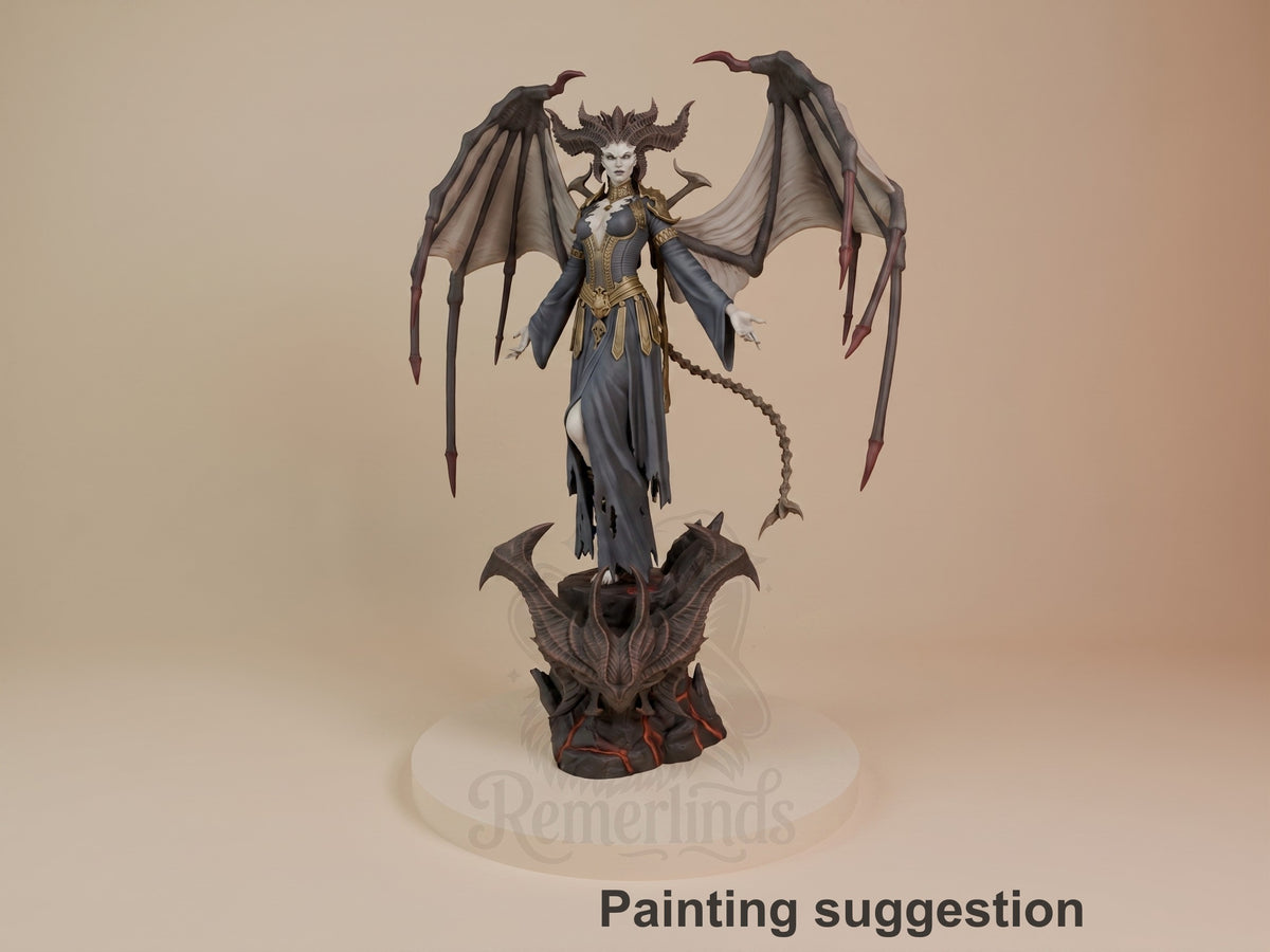 Painted Lilith from Diablo resin figure stands front-facing with wings, tail, and sculpted base.