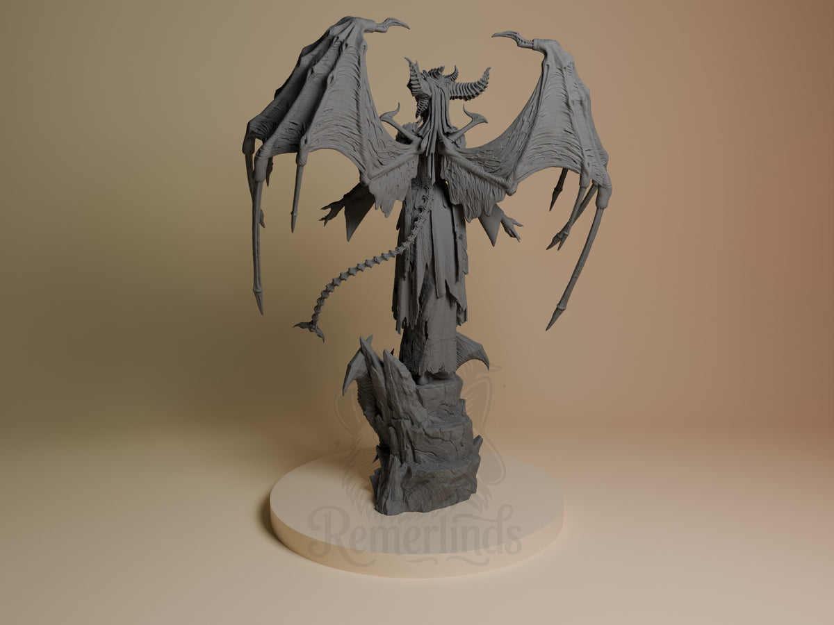 Lilith from Diablo is an unpainted resin figure in front view with wings, horns, and a rocky base.