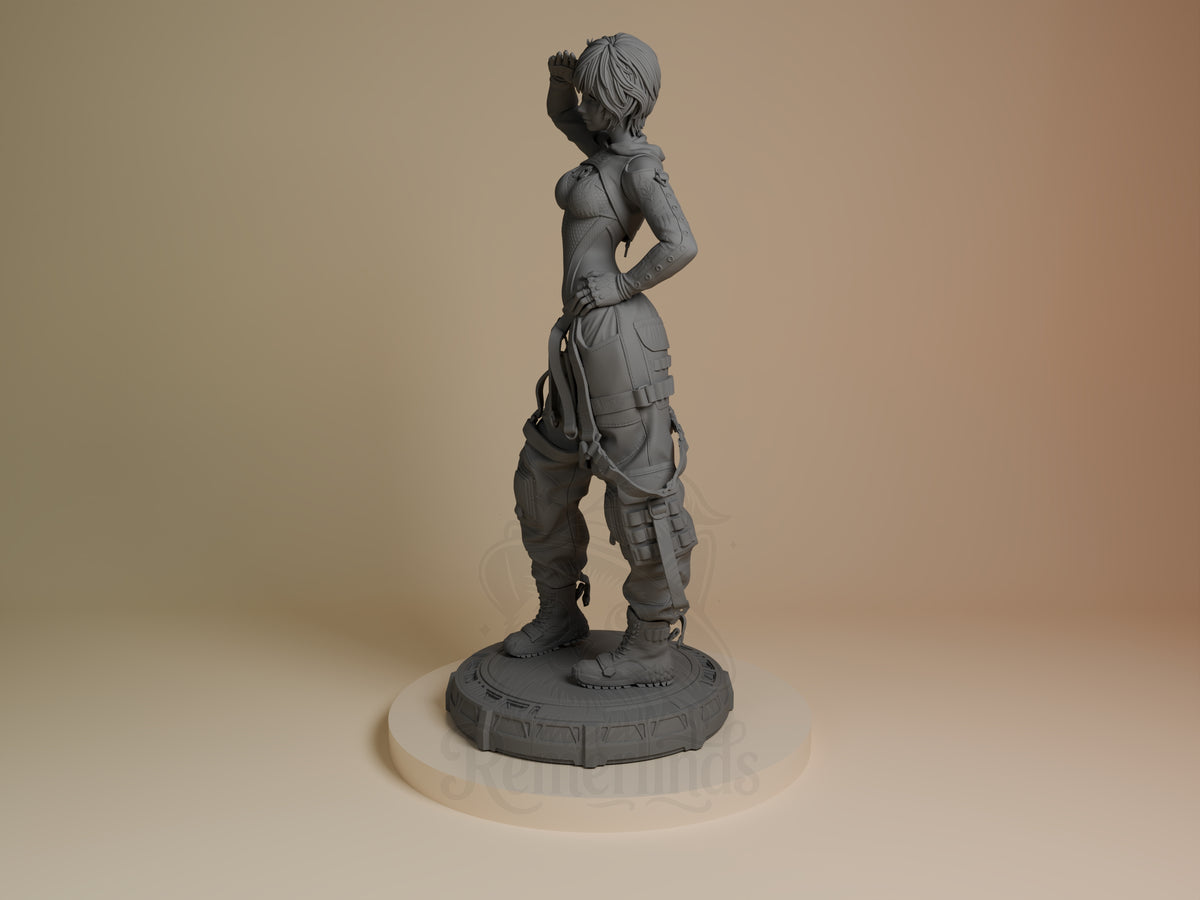 Lily from Stellar Blade is shown in a side pose, unpainted resin figure on a sculpted base.