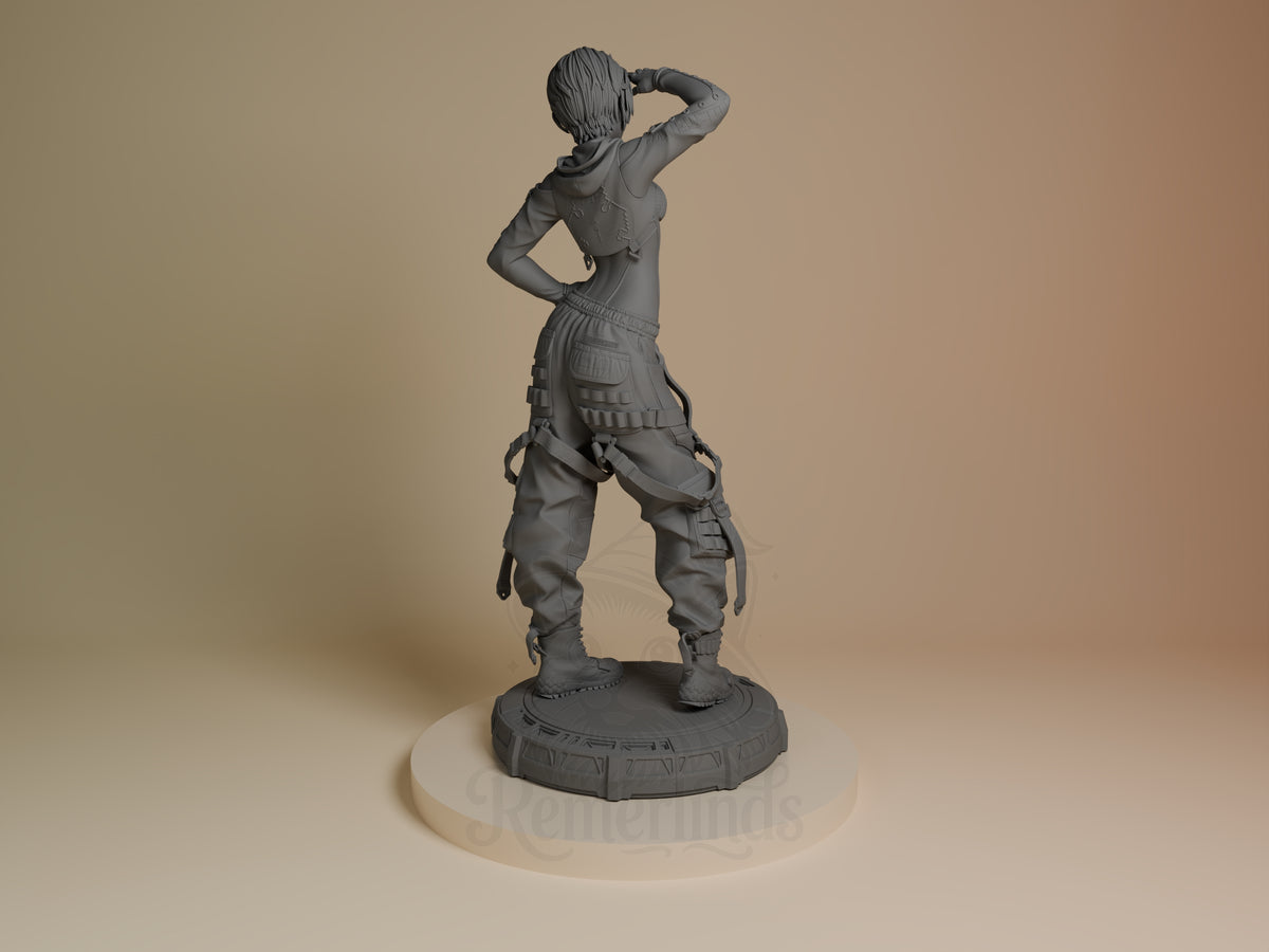 Back view of Lily from Stellar Blade, an unpainted resin figure posing on a sculpted base.