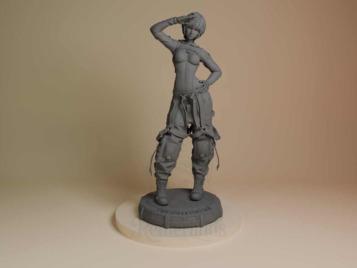 Lily from Stellar Blade stands front-facing, saluting, on a sculpted base as an unpainted resin figure.