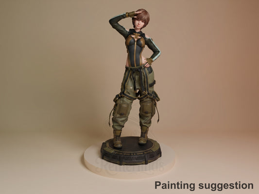 Lily from Stellar Blade resin figure in dynamic standing pose with hand to head, detailed painted armor and tactical gear on dark base.