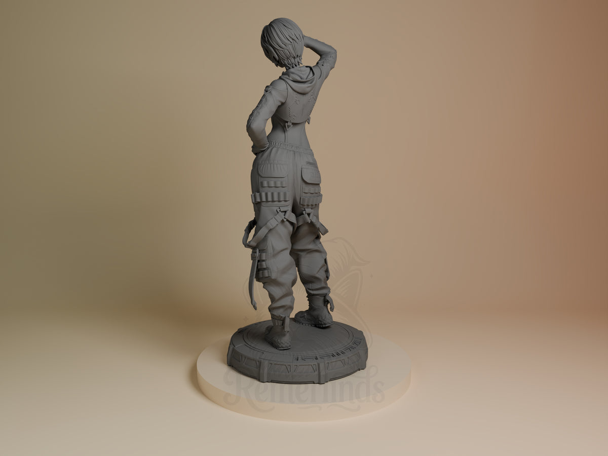 Lily from Stellar Blade is a rear-view unpainted resin figure with one hand raised, layered gear, and a round sculpted base.
