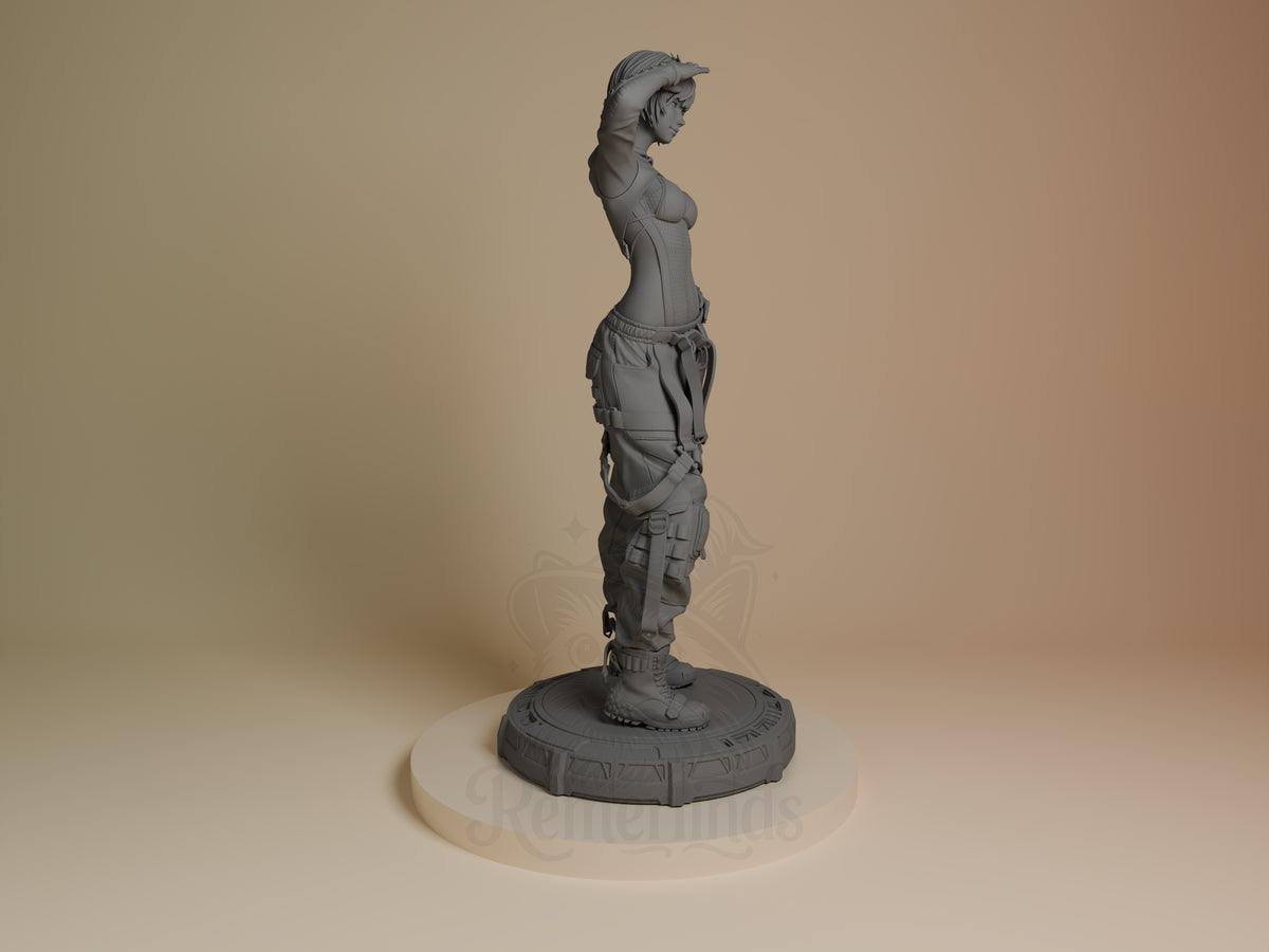 Lily from Stellar Blade is shown in side profile, raising one arm, as an unpainted resin figure on a sculpted base.