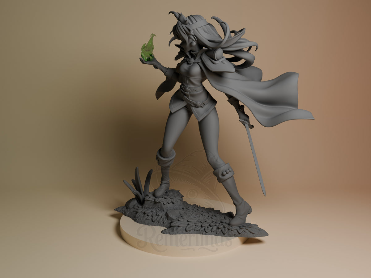 Lina Inverse from Slayers is an unpainted resin figure shown at an angle with a flame, sword, cape, and sculpted base.