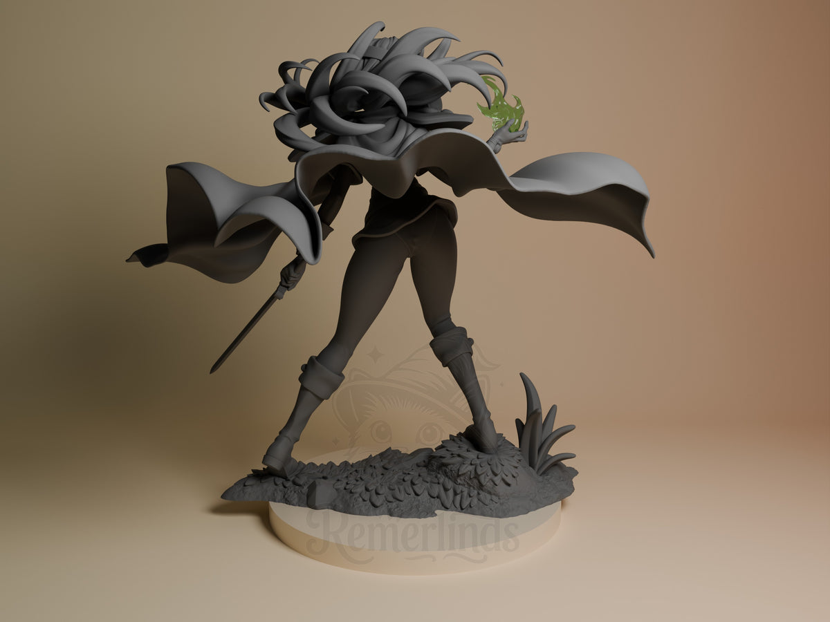 Back view: Lina Inverse from Slayers, unpainted resin figure with cape, staff, and sculpted base.