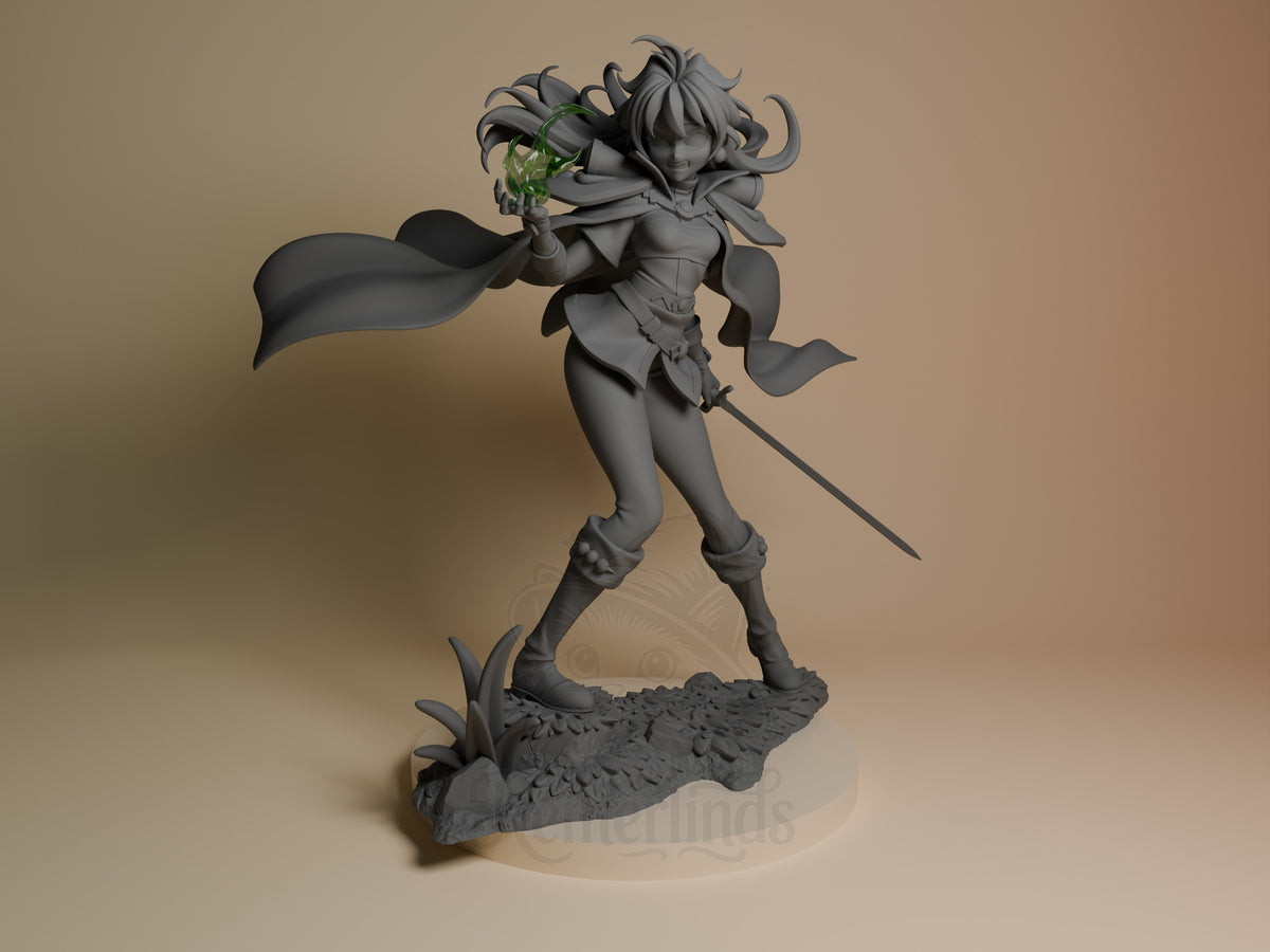 Front-facing Lina Inverse from Slayers is an unpainted resin figure with a sword, cape, and rocky sculpted base.