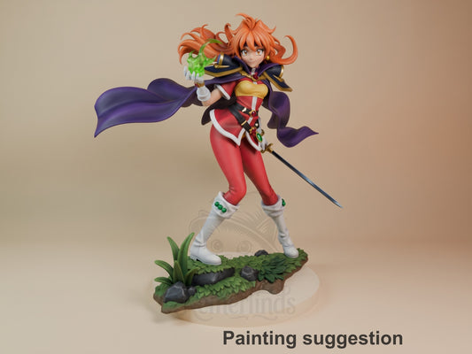Painted Lina Inverse from Slayers resin figure in front three-quarter view with staff, cape, and grassy rock base.